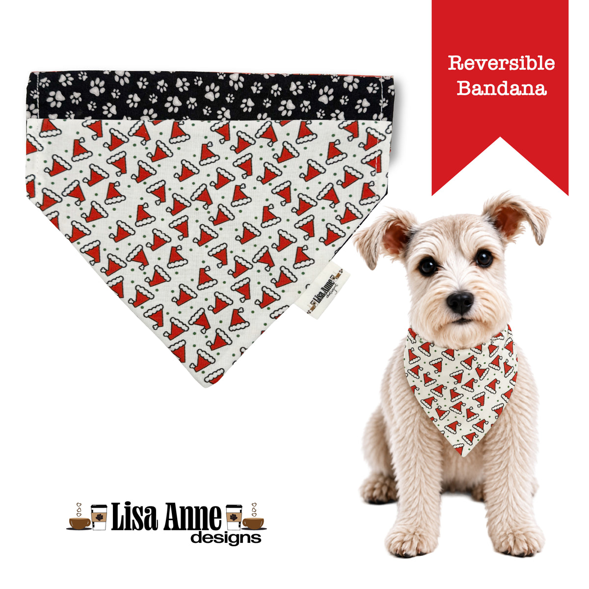 Santa Hats & Paw Prints Reversible Dog Bandana