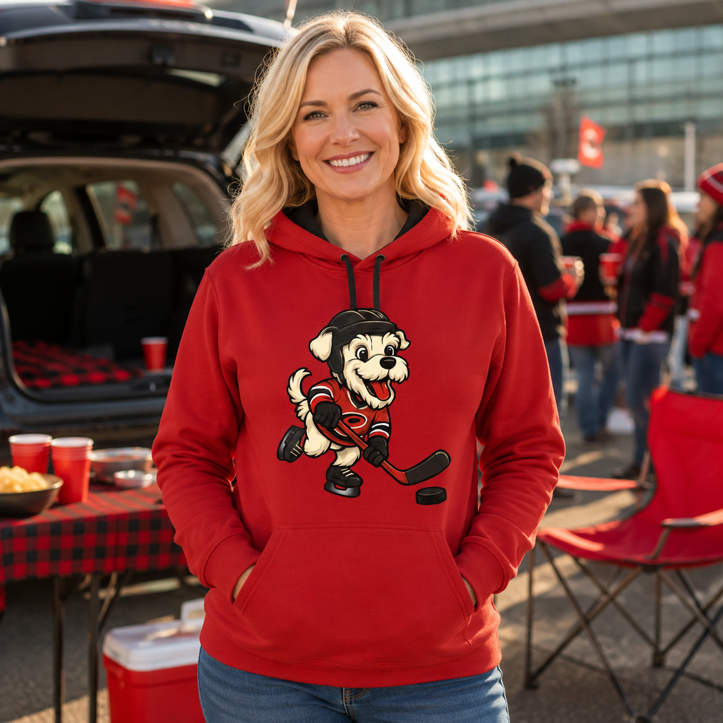 Woman wearing a red and black Hockey Pup hoodie at a pre-game tailgate