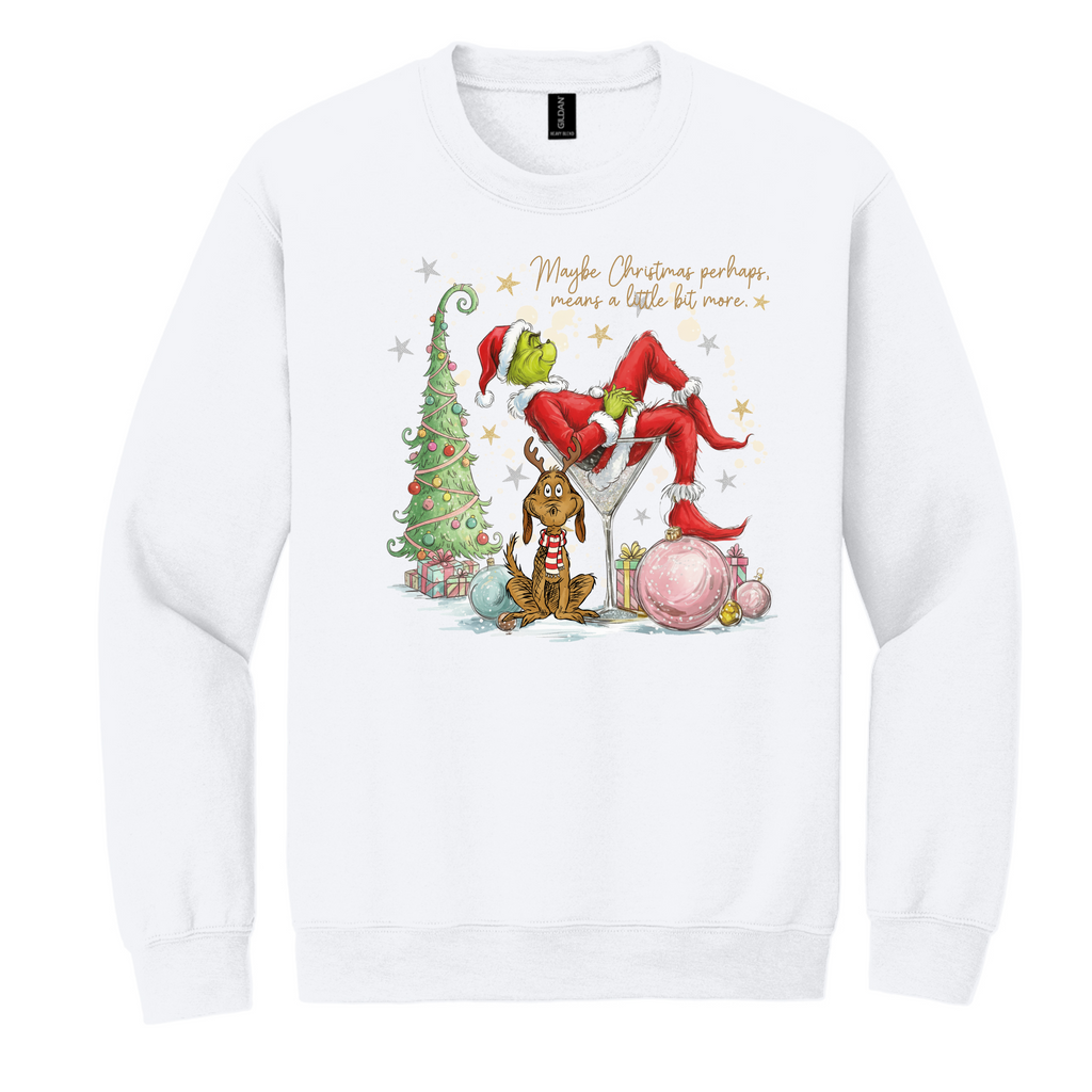 Maybe Christmas Means More Sweatshirt – Pink & White Holiday Crewneck