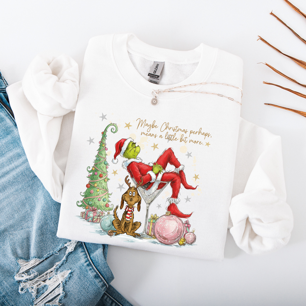 Maybe Christmas Means More Sweatshirt – Pink & White Holiday Crewneck