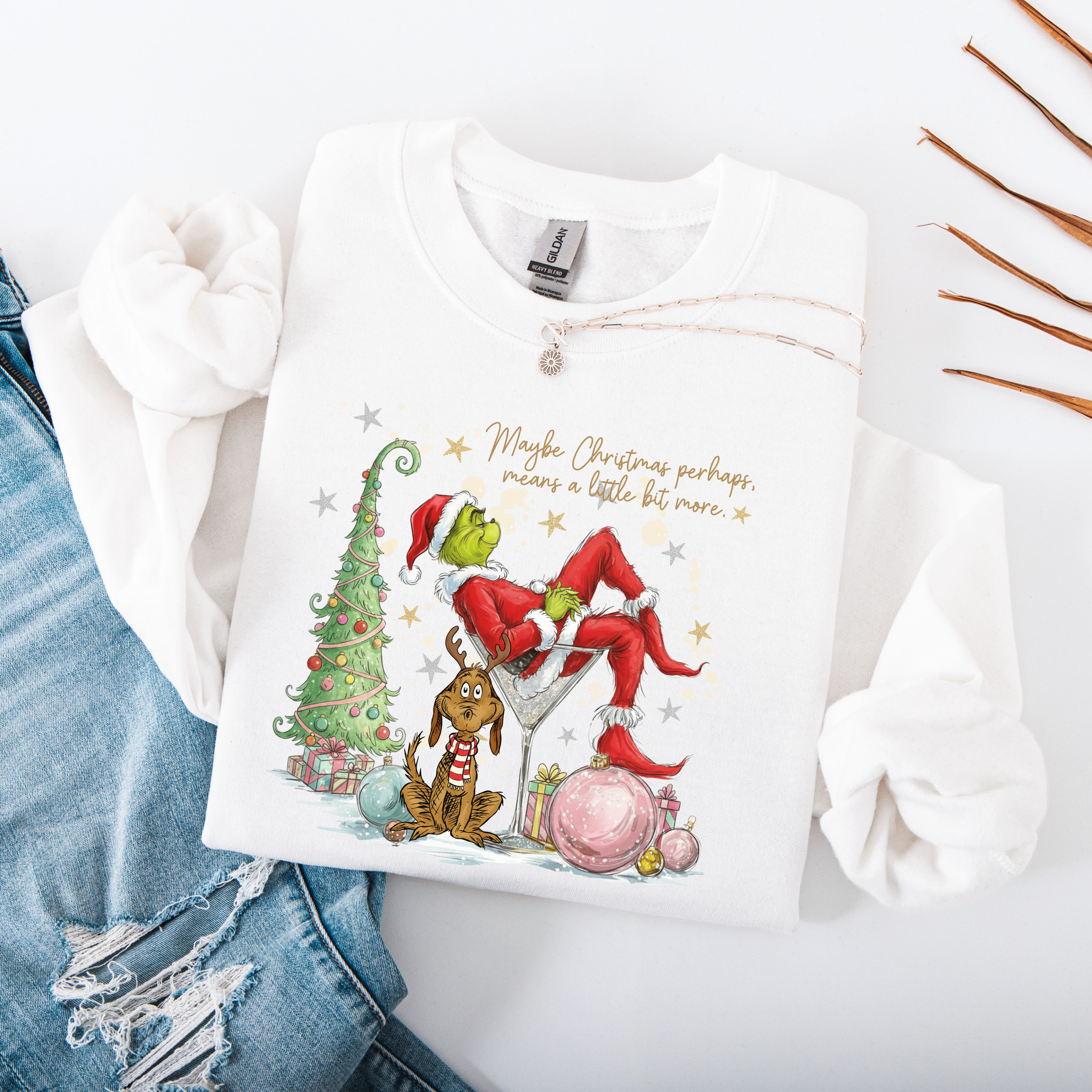 Maybe Christmas Means More Sweatshirt – Pink & White Holiday Crewneck