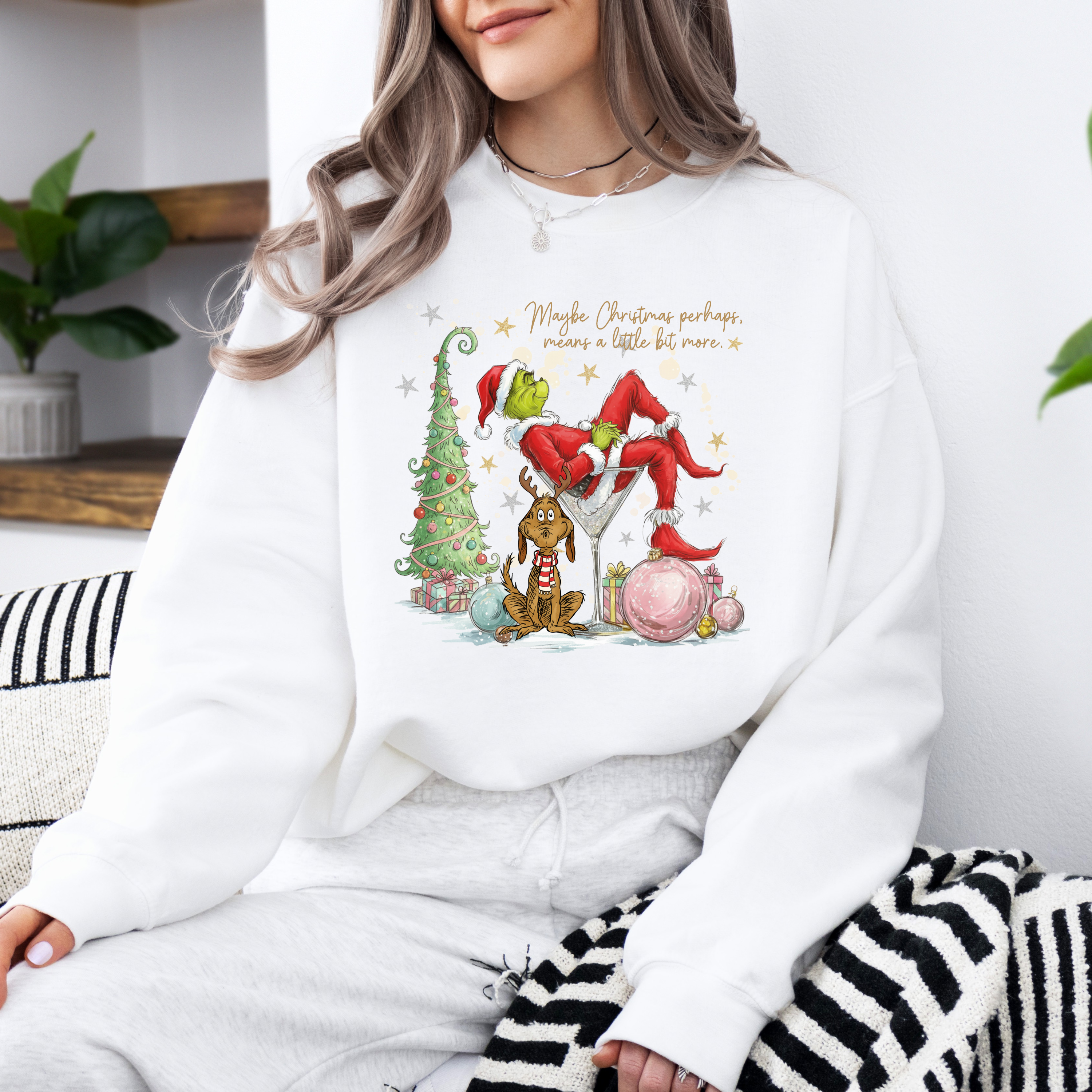 Maybe Christmas Means More Sweatshirt – Pink & White Holiday Crewneck