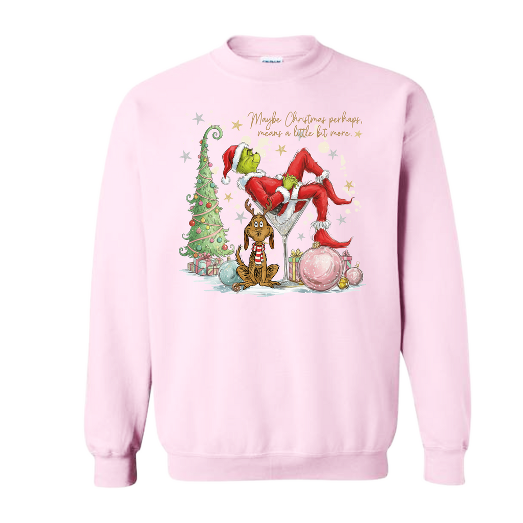 Maybe Christmas Means More Sweatshirt – Pink & White Holiday Crewneck