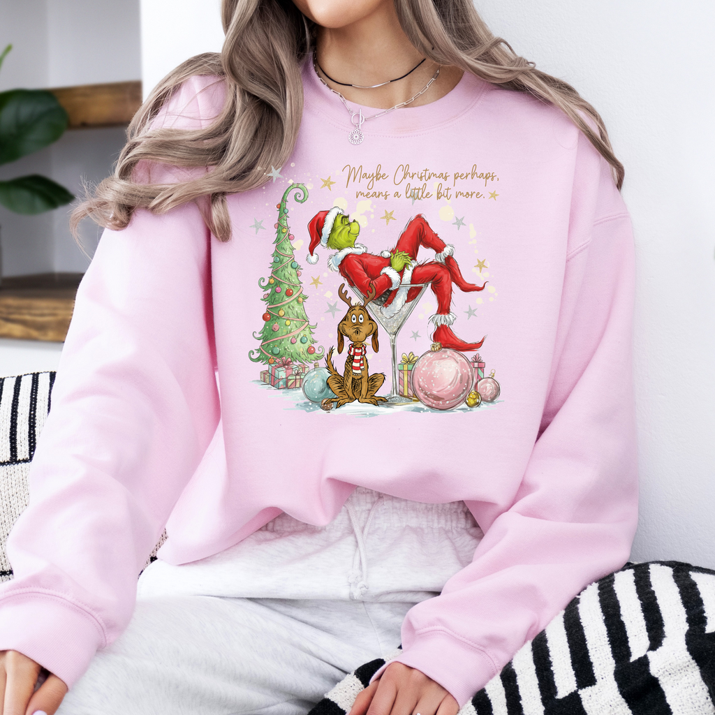 Maybe Christmas Means More Sweatshirt – Pink & White Holiday Crewneck