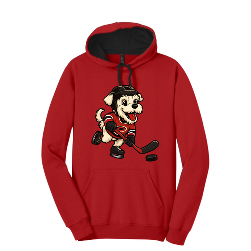Red and black Hockey Pup unisex game-day hoodie