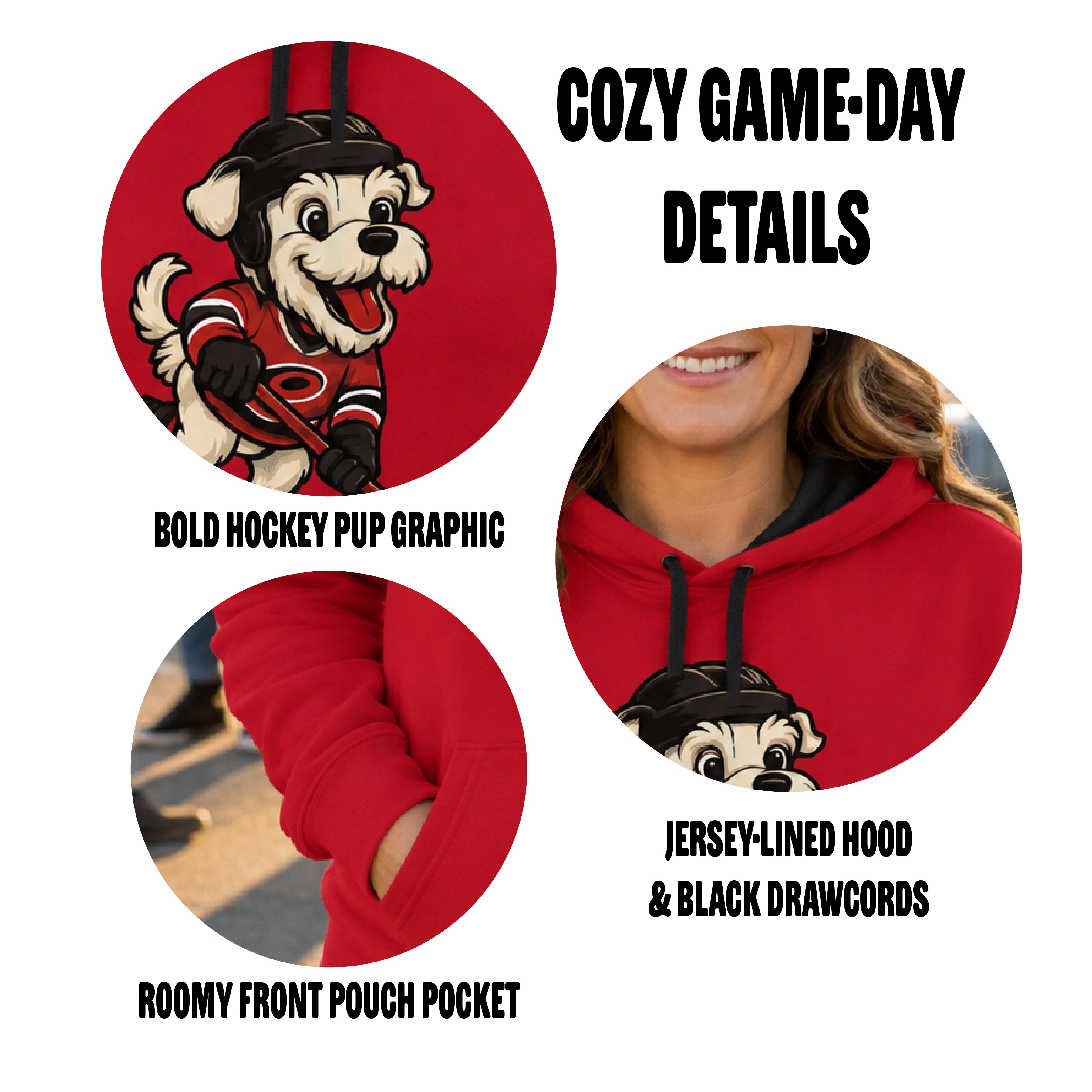 Hockey Pup hoodie details featuring black-lined hood, drawcords, pouch pocket and graphic