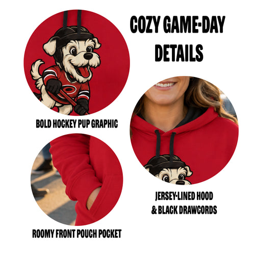 Hockey Pup hoodie details featuring black-lined hood, drawcords, pouch pocket and graphic