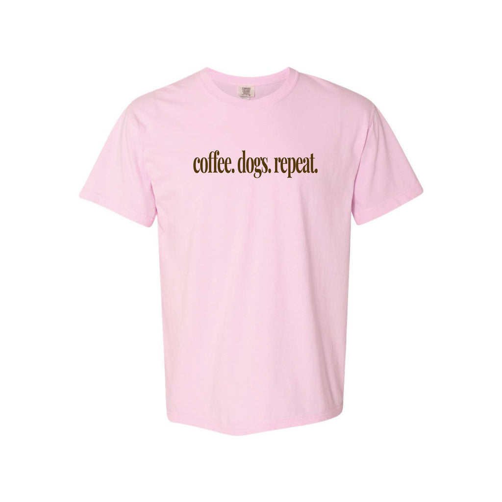 Coffee Dogs Repeat Comfort Colors® T-Shirt Colors: Chalky Mint, Espresso, White, Khaki, Crimson, Blossom Pink, Chambray, Blue Jean