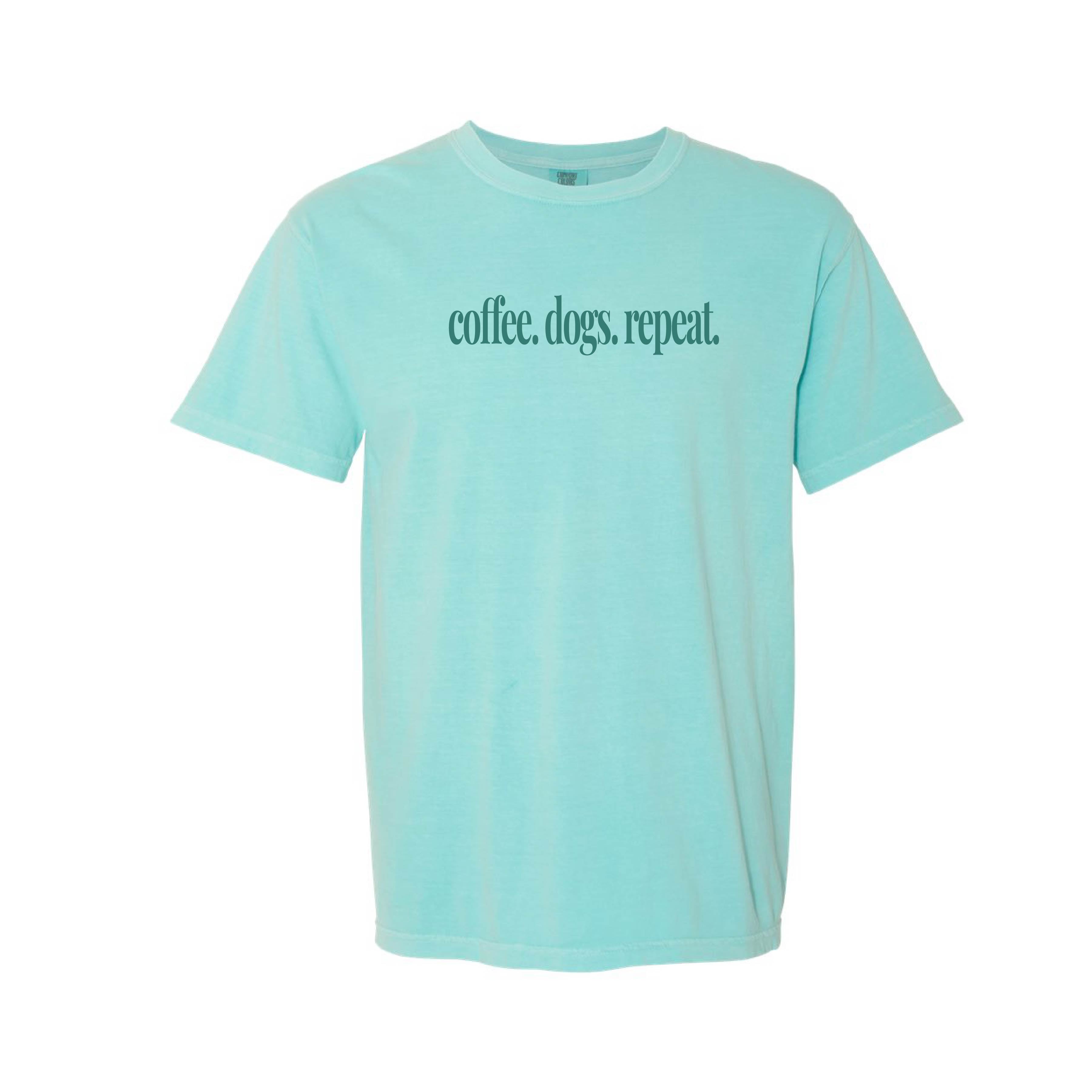 Coffee Dogs Repeat Comfort Colors® T-Shirt Colors: Chalky Mint, Espresso, White, Khaki, Crimson, Blossom Pink, Chambray, Blue Jean