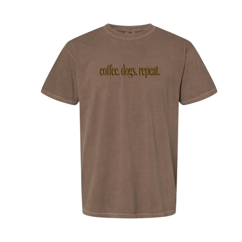 Coffee Dogs Repeat Comfort Colors® T-Shirt Colors: Chalky Mint, Espresso, White, Khaki, Crimson, Blossom Pink, Chambray, Blue Jean