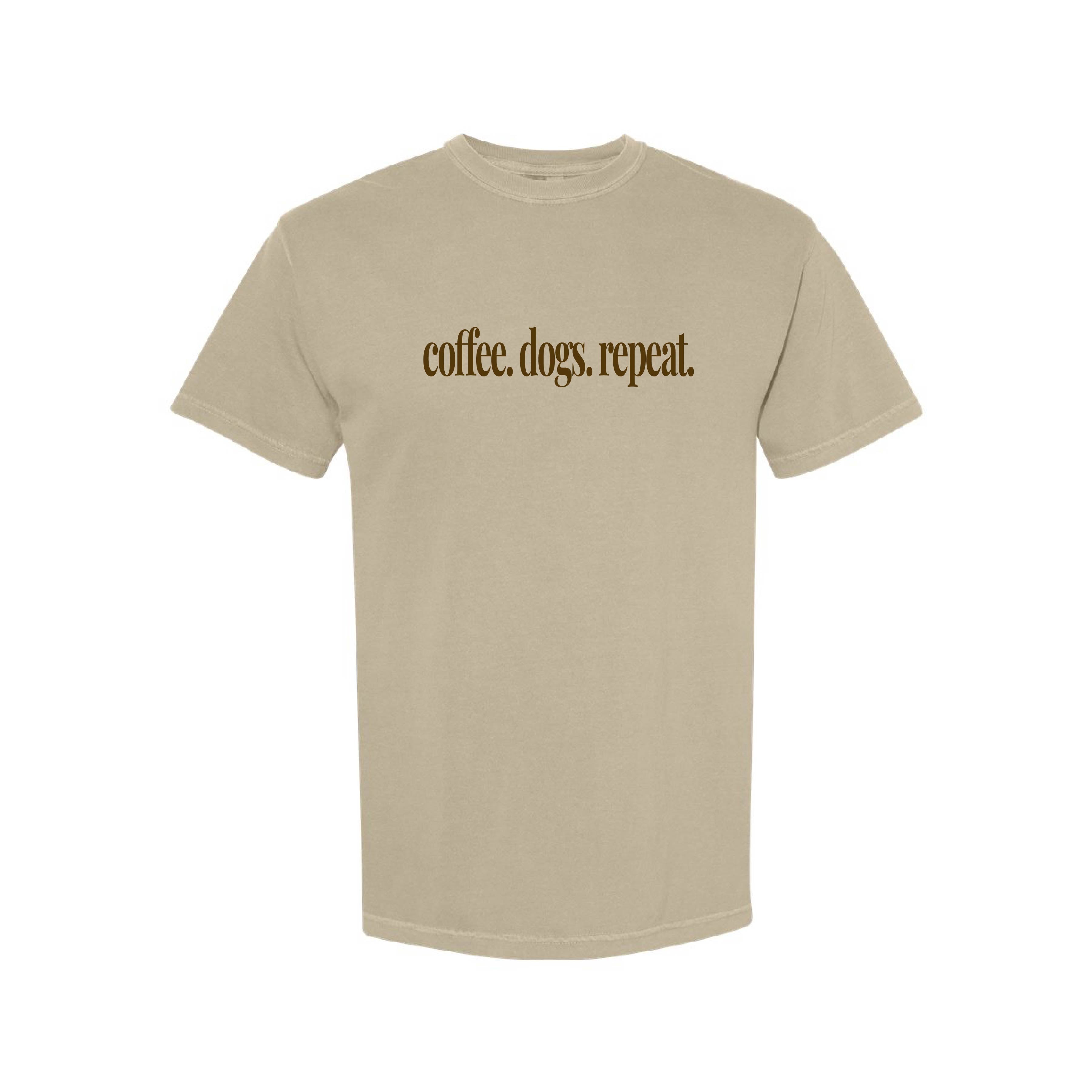 Coffee Dogs Repeat Comfort Colors® T-Shirt Colors: Chalky Mint, Espresso, White, Khaki, Crimson, Blossom Pink, Chambray, Blue Jean