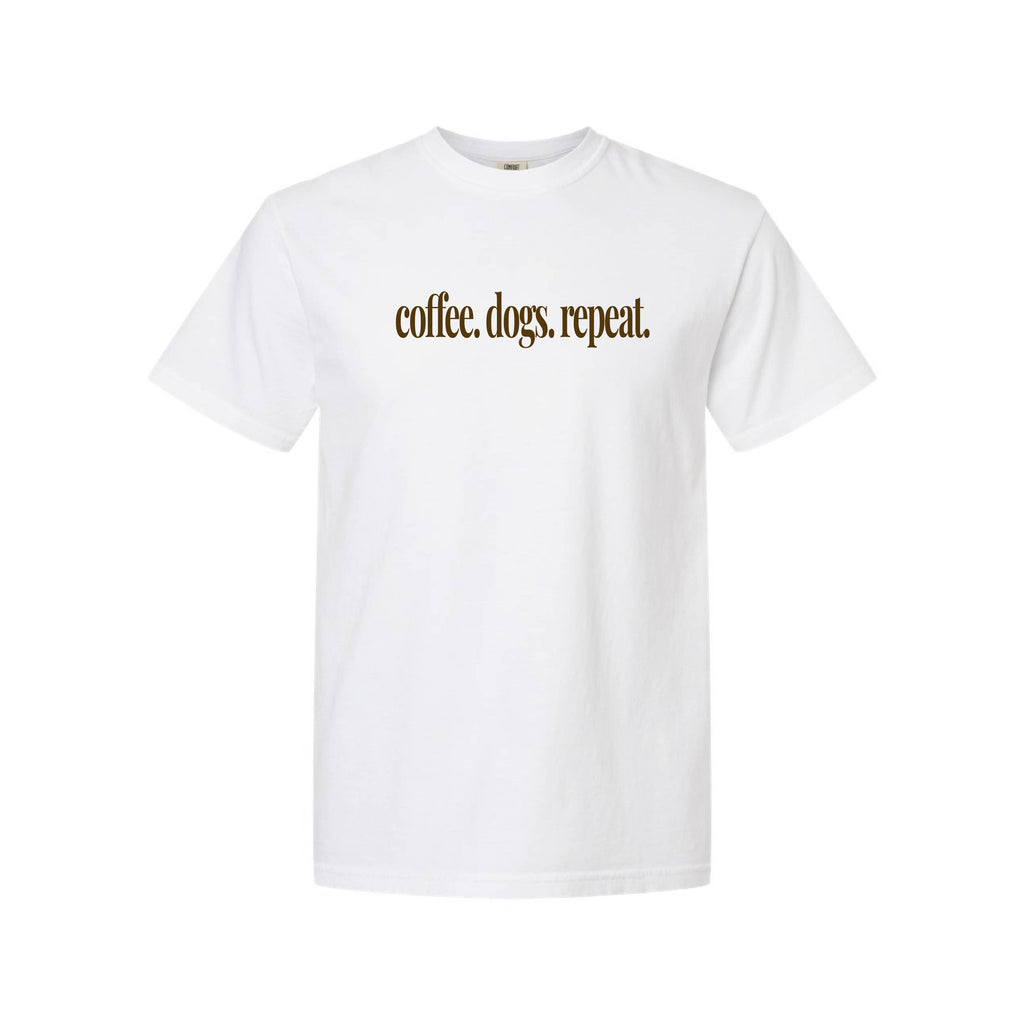 Coffee Dogs Repeat Comfort Colors® T-Shirt Colors: Chalky Mint, Espresso, White, Khaki, Crimson, Blossom Pink, Chambray, Blue Jean