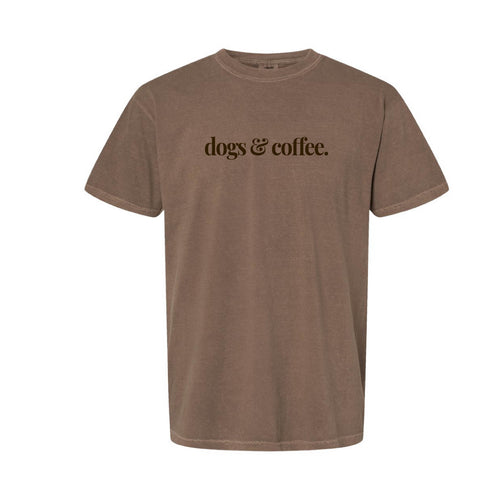 Dogs & Coffee Comfort Colors® T-Shirt - Colors: Chalky Mint, Espresso, White, Khaki, Crimson, Blossom Pink, Chambray, Blue Jean
