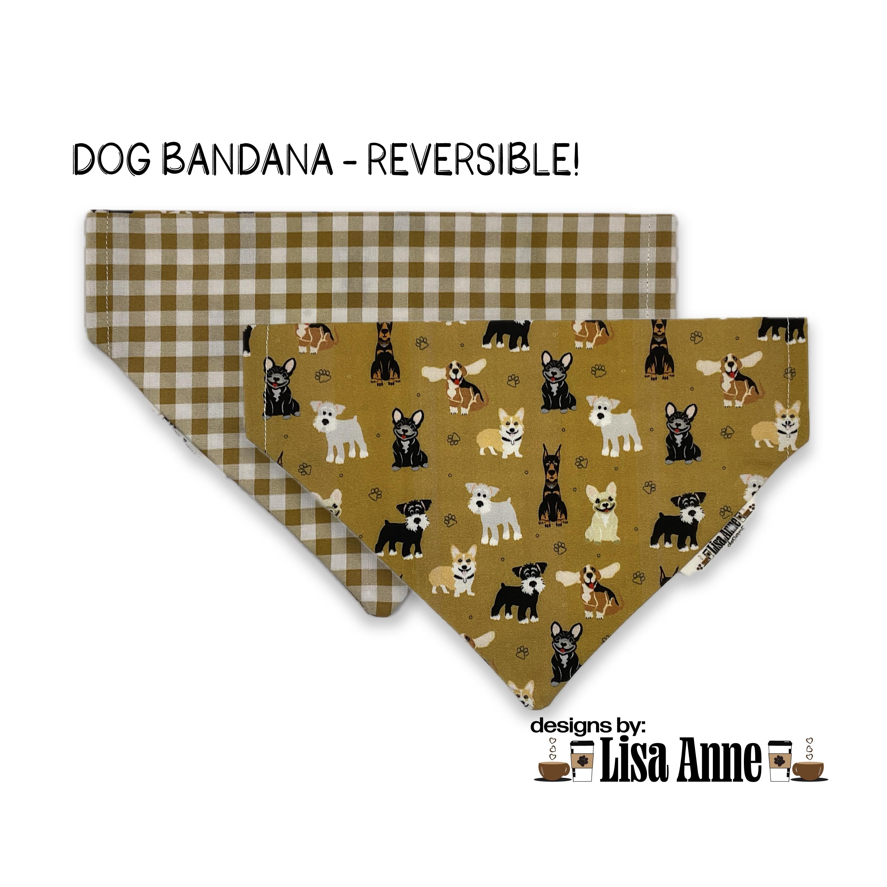 Reversible Dog Bandana: Brown Gingham Puppy Print, Over-the-Collar